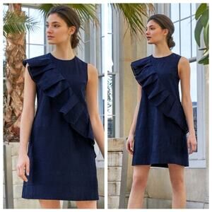 Ted Baker Mahlene Eyelet Dress 8 TB 3 Embroidered Ruffle Cotton Navy Blue